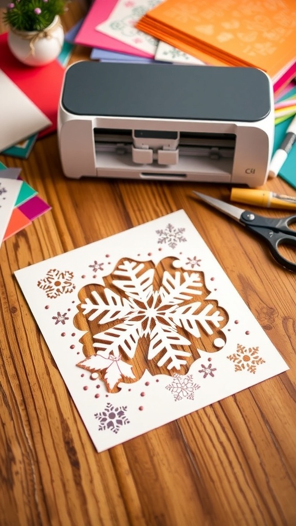 A handmade Christmas card with intricate snowflake designs, surrounded by crafting materials on a wooden table.